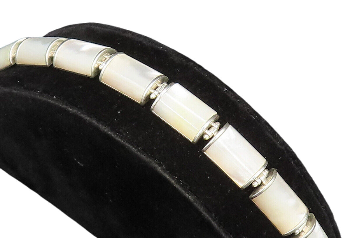 925 Sterling Silver  Vintage Rectangle Mother Of Pearl Tennis Bracelet  BT9516