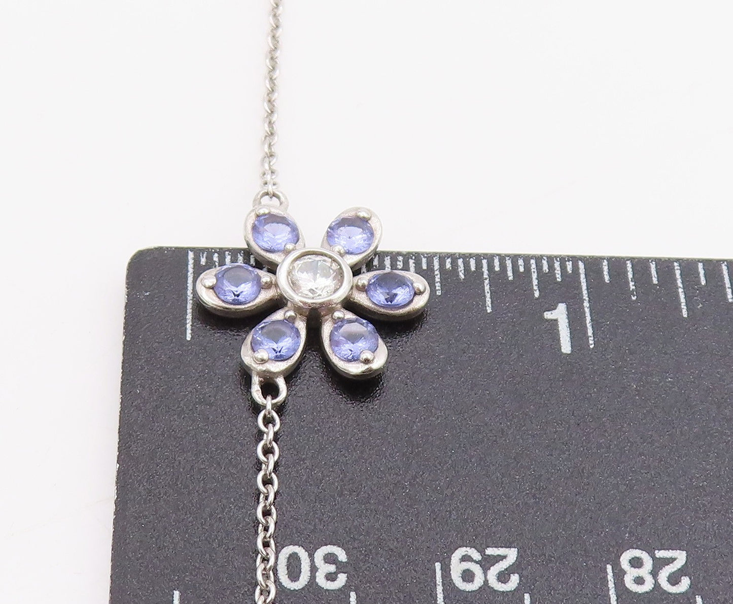 925 Sterling Silver Vintage Necklace Tanzanite & CZ Daisy Floral Chain   NE4628