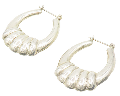 925 Sterling Silver  Vintage Shiny Hollow Fluted Detail Hoop Earrings  EG9375