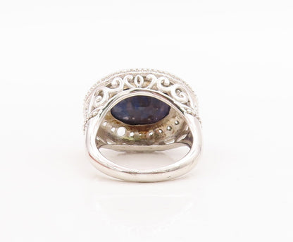925 Sterling Silver Vintage Ring Oval Cut Sapphire Topaz Carved  Sz 7  RG29265