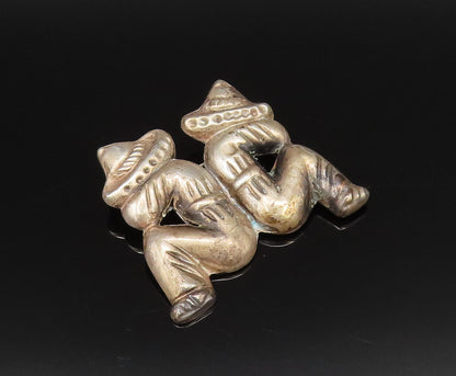 925 Silver  Vintage Double Figure With Hat Facing Back Brooch Pin  BP9955