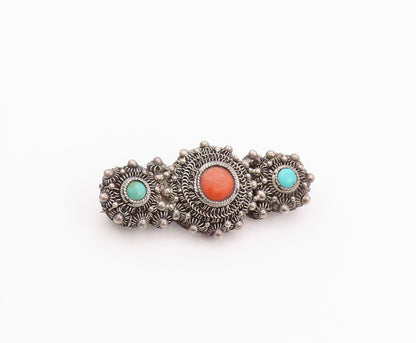 925 Sterling Silver Vintage Brooch CHINESE EXPORT Turquoise Flowers  BP11578