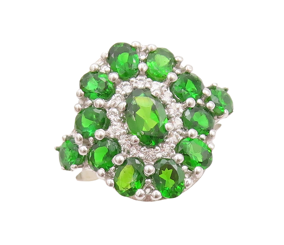 925 Sterling Silver Vintage Ring Oval Cut  Green CZ Flower  Sz 7  RG29449