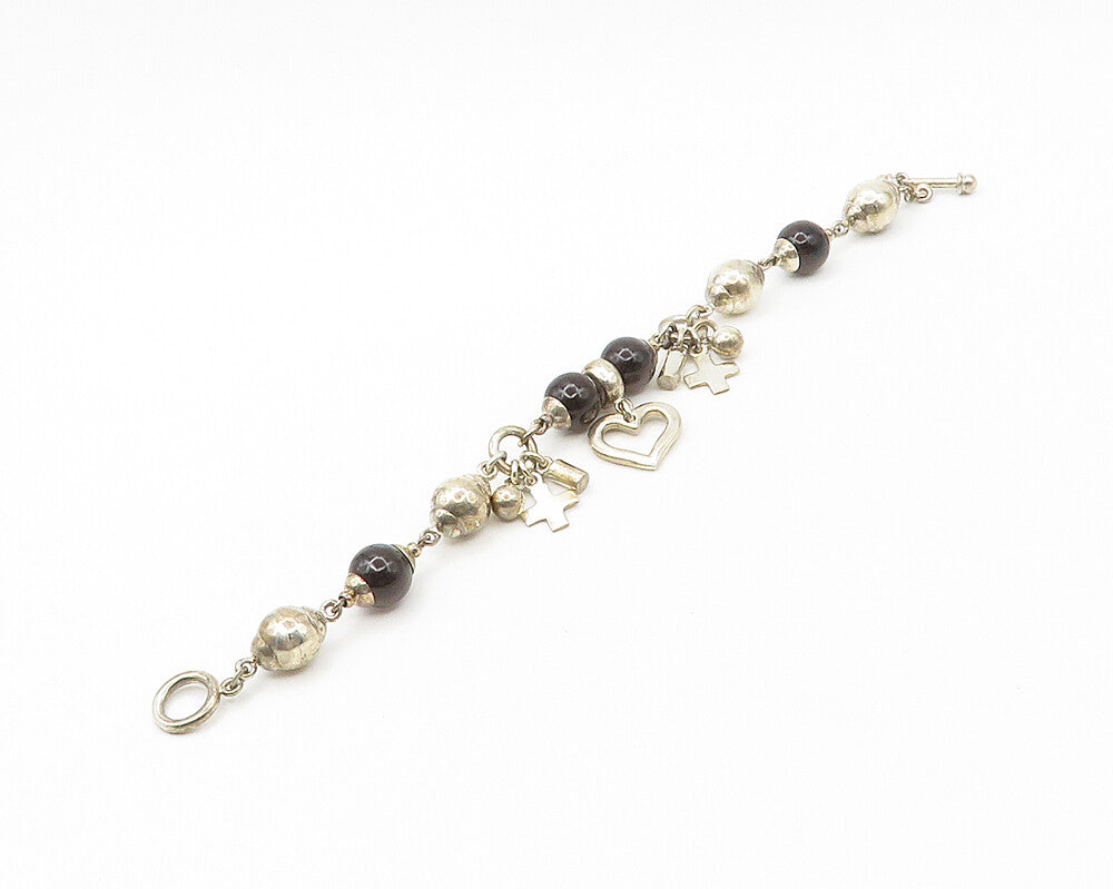 925 Sterling Silver  Vintage Smoky Topaz Religious Cross Chain Bracelet BT6914