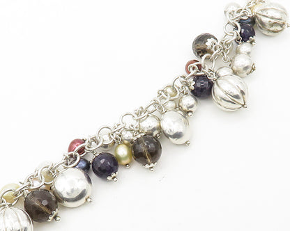 925 Silver  Vintage Shiny Pearls Hematite & Topaz Chain Bracelet  BT6905