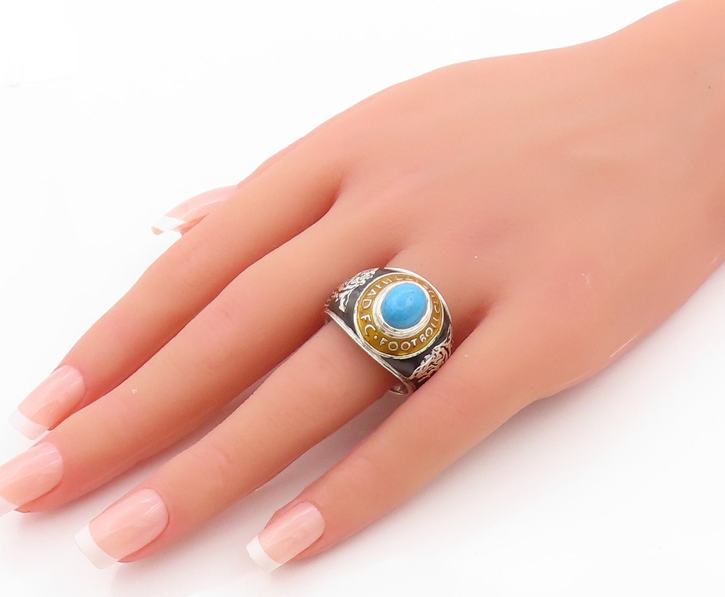 925 Sterling Silver Vintage Ring Larimar Carved Tiger Football  Sz 12  RG32529