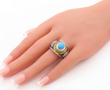 925 Sterling Silver Vintage Ring Larimar Carved Tiger Football  Sz 12  RG32529