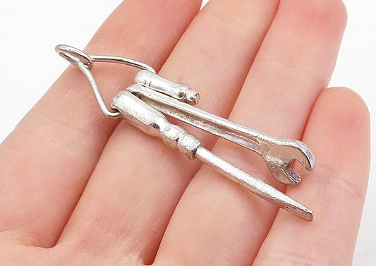 925 Sterling Silver  Vintage Shiny Wrench & Screw Driver Drop Pendant  PT3837
