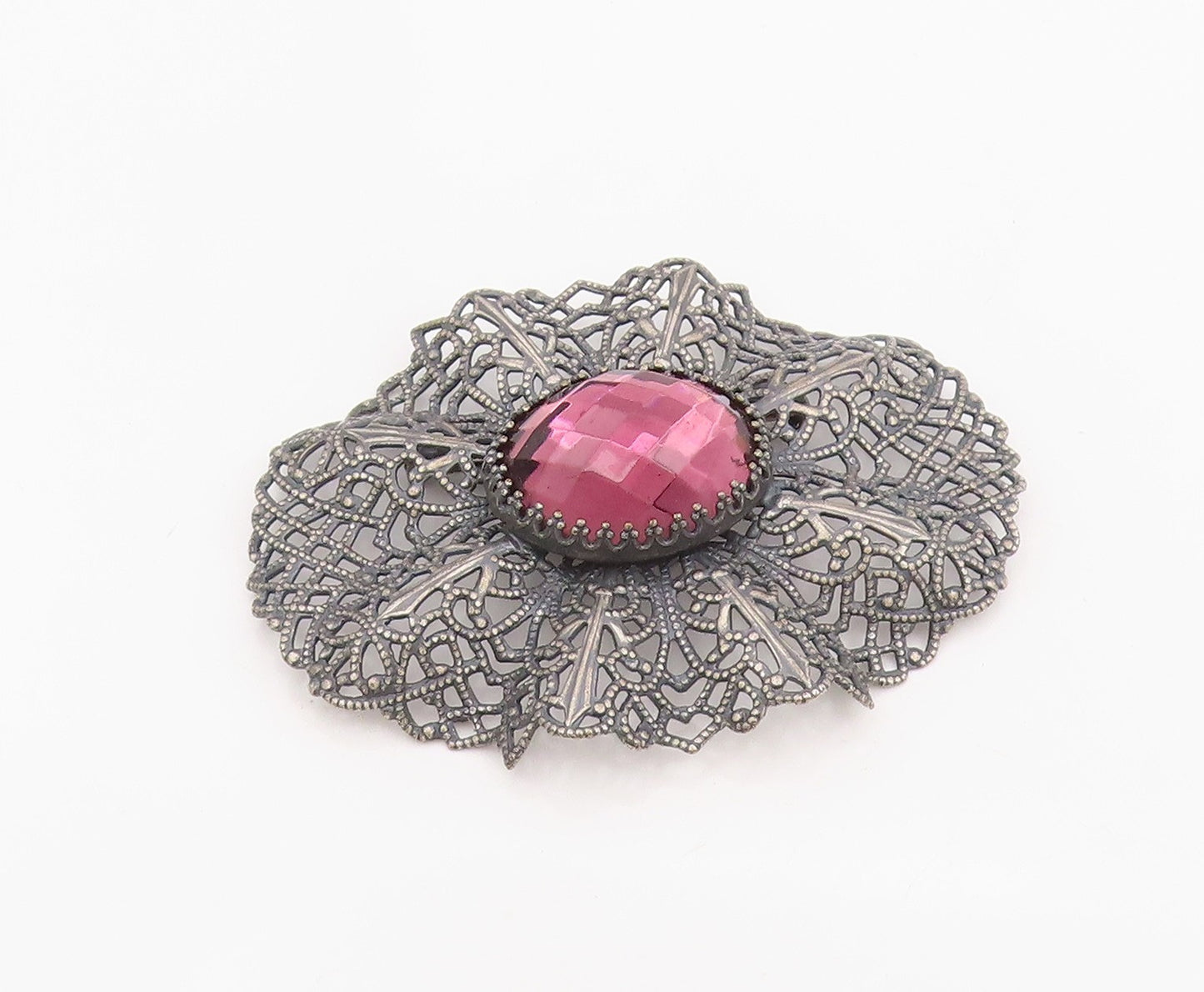 925 Sterling Silver Vintage Brooch Faceted Pink Topaz Openwork Petal  BP12096