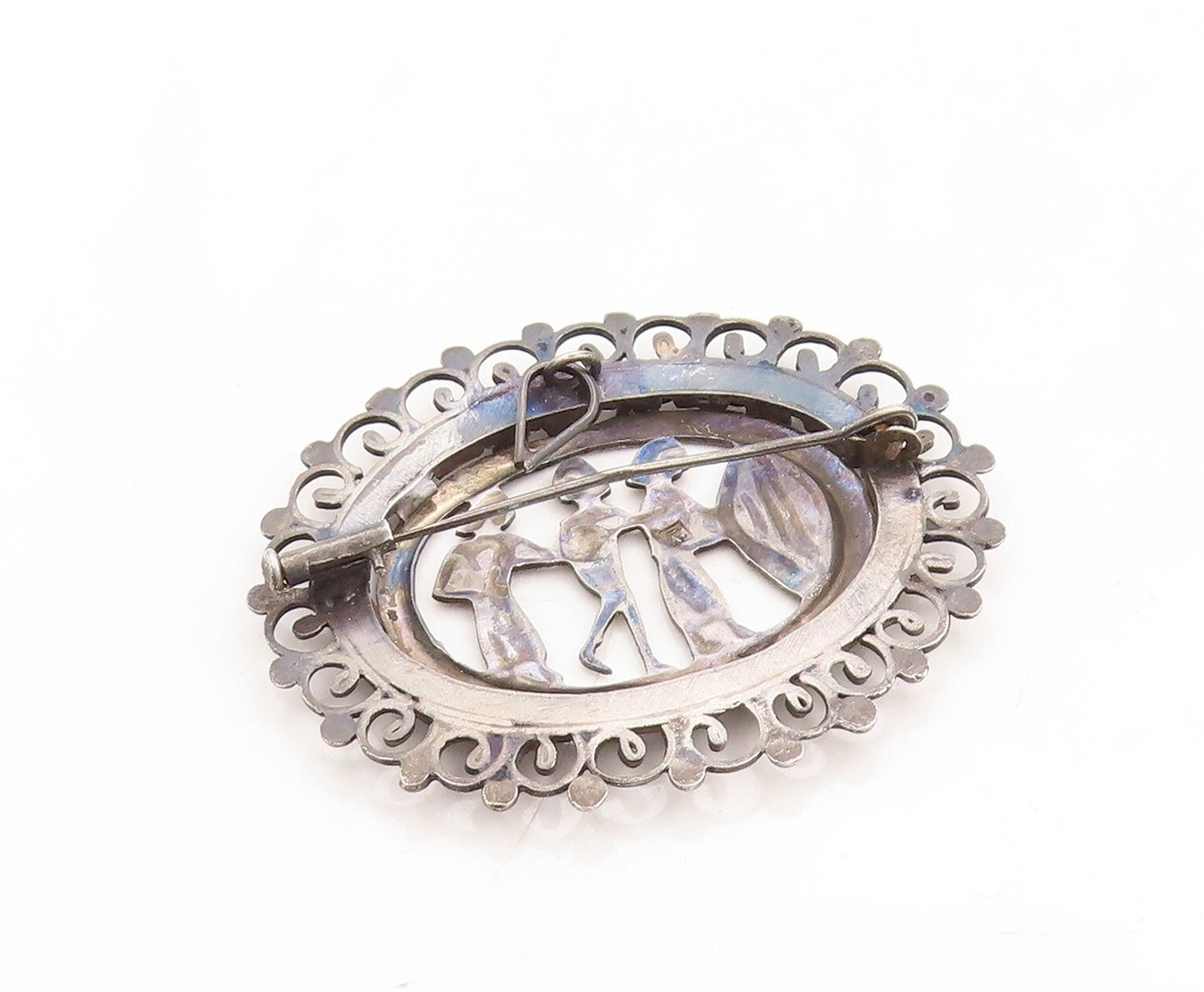 925 Sterling Silver Vintage Brooch Pin Dark Tone Trible Figures Carved  BP11335