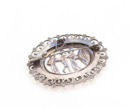 925 Sterling Silver Vintage Brooch Pin Dark Tone Trible Figures Carved  BP11335