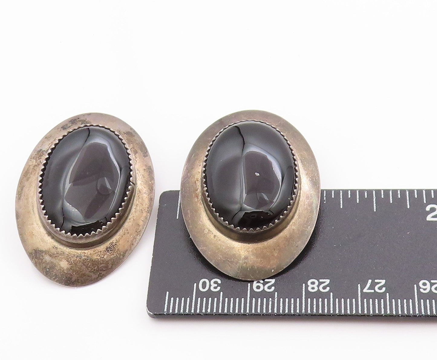 925 Sterling Silver Vintage Earrings NAVAJO RICK WERITO Cabochon Onyx  EG13669
