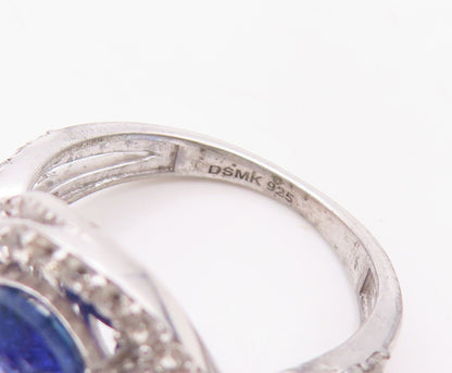 925 Sterling Silver Vintage Ring Oval Cut Sapphire Halo CZ Bands  Sz 7  RG30264