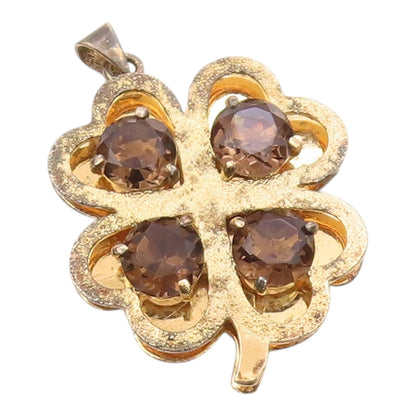 925 Silver  Vintage Smoky Topaz Gold Plated Clover Good Luck Pendant  PT18418