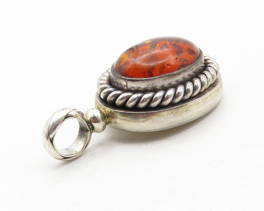 BALI 925 Sterling Silver  Vintage Cabochon Cut Amber Twist Pendant  PT10018