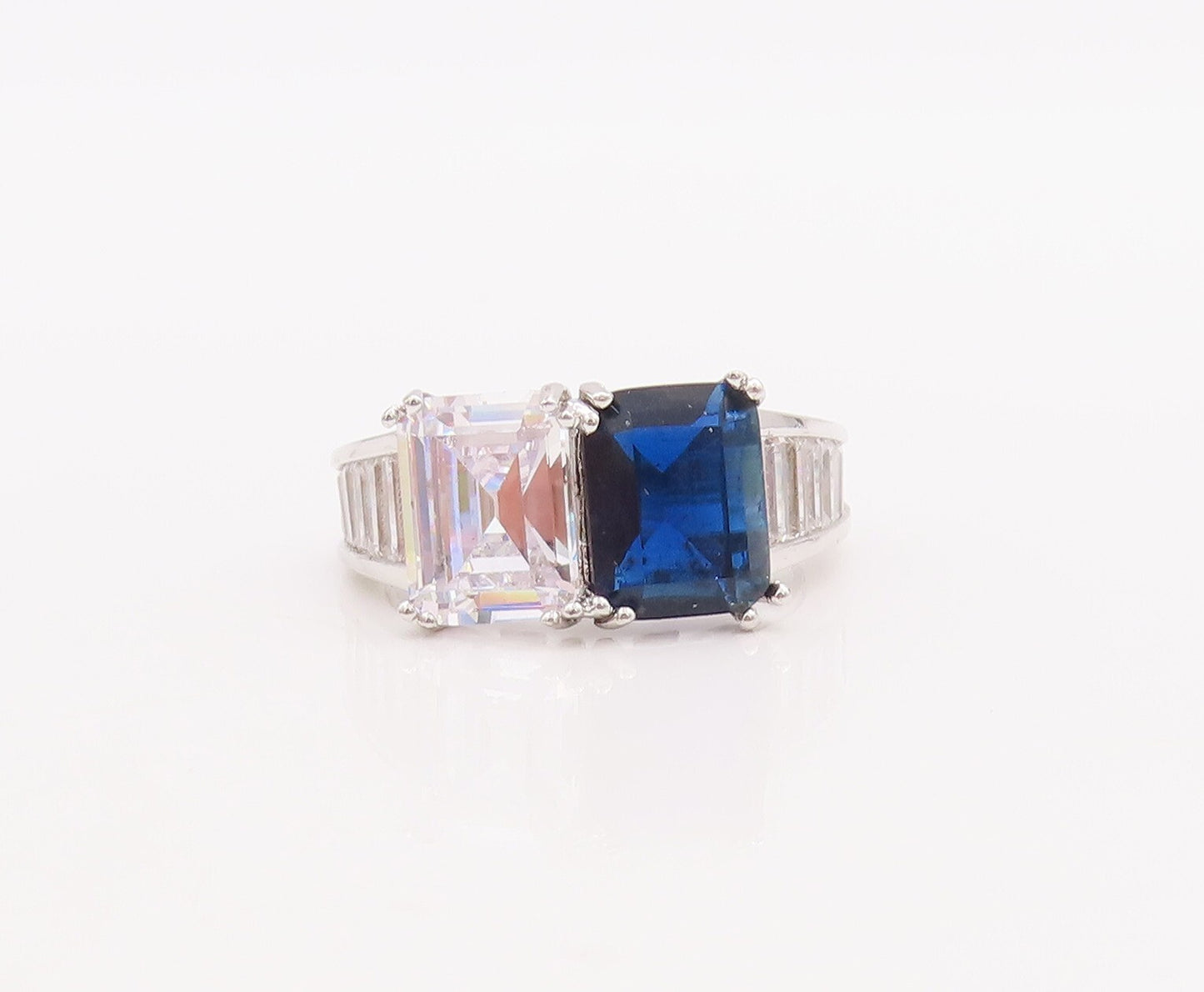 925 Sterling Silver Vintage Ring Rectangle Cut Sapphire & CZ  Sz 7.5  RG29523