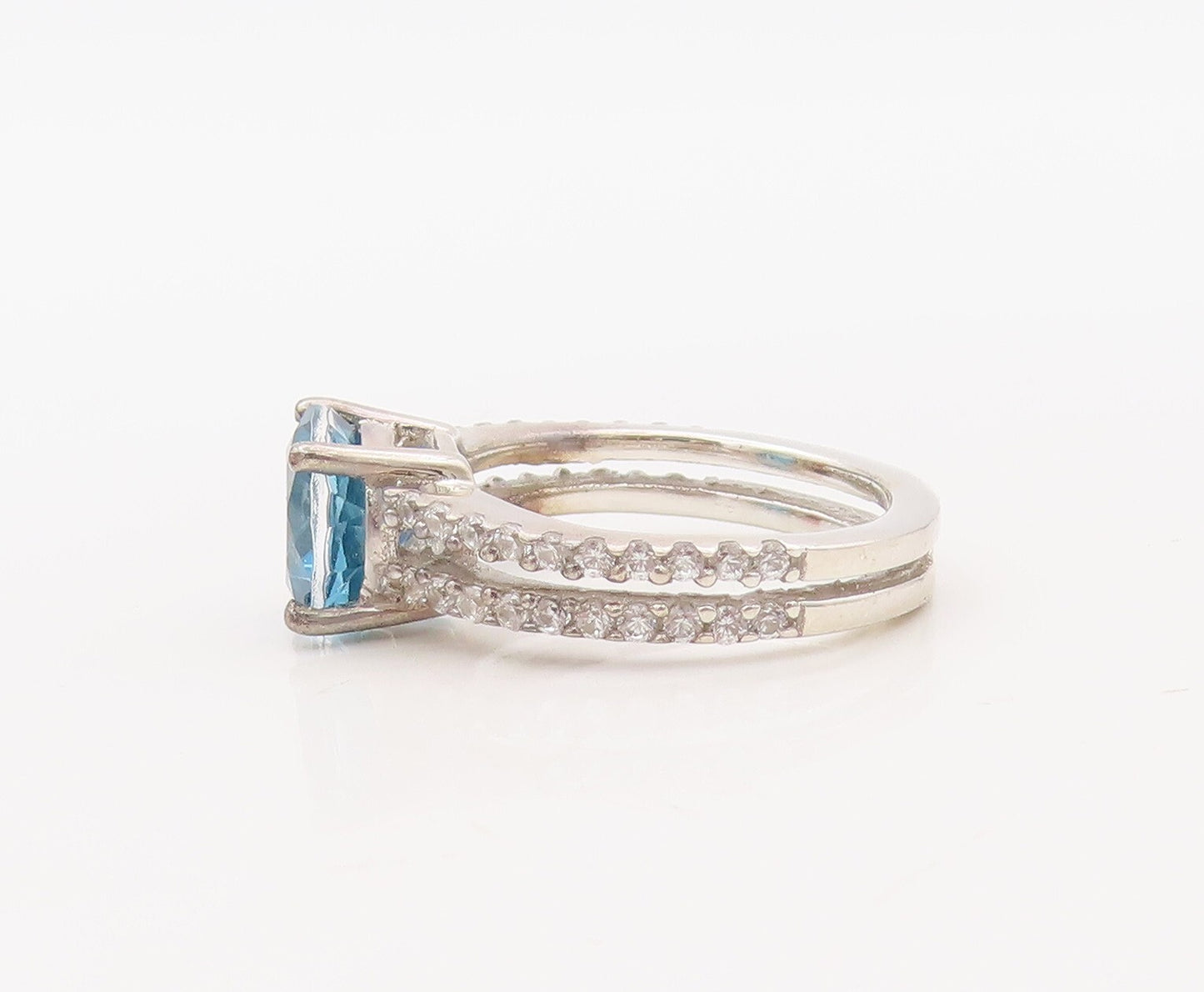 925 Sterling Silver Vintage Ring Round Cut Sapphire & CZ Inlay  Sz 7  RG30653