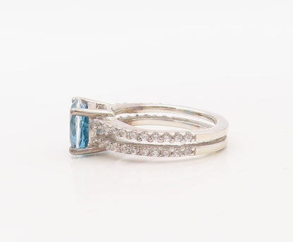 925 Sterling Silver Vintage Ring Round Cut Sapphire & CZ Inlay  Sz 7  RG30653