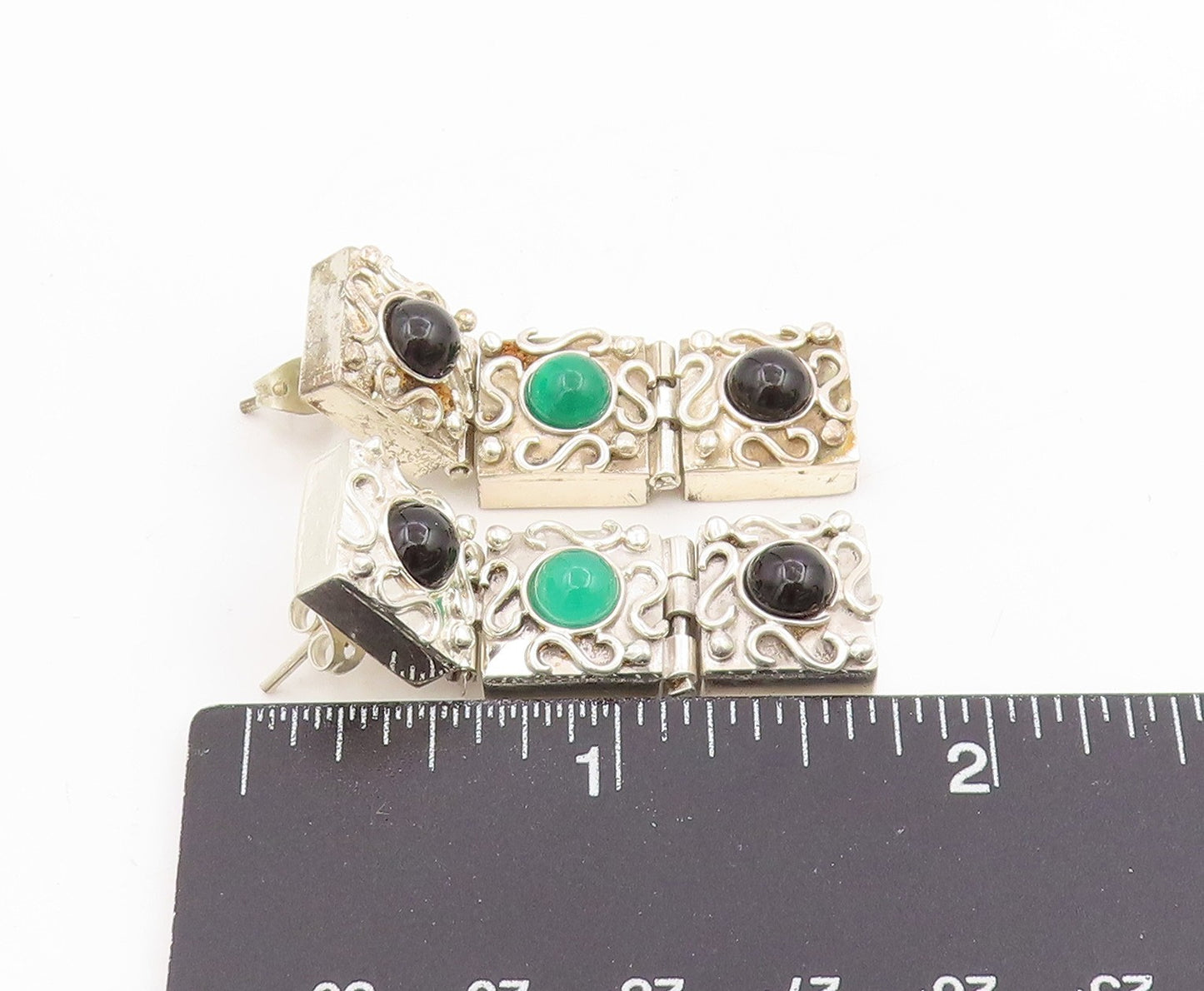 925 Sterling Silver Vintage Earrings Cabochon Onyx Geometric Panel Stud  EG13775