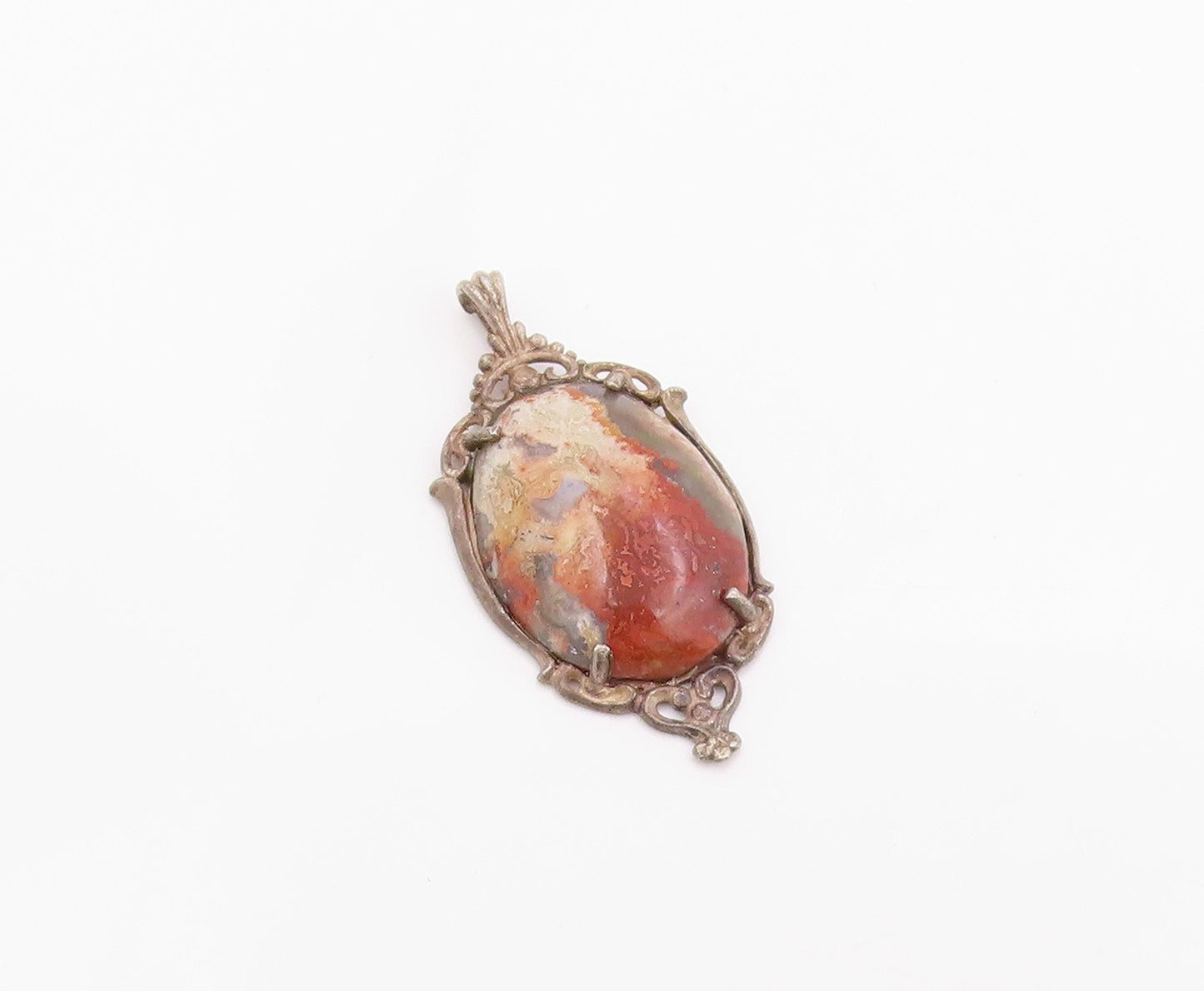 925 Sterling Silver Vintage Pendant Antique Oval Cabochon Jasper Charm  PT26248
