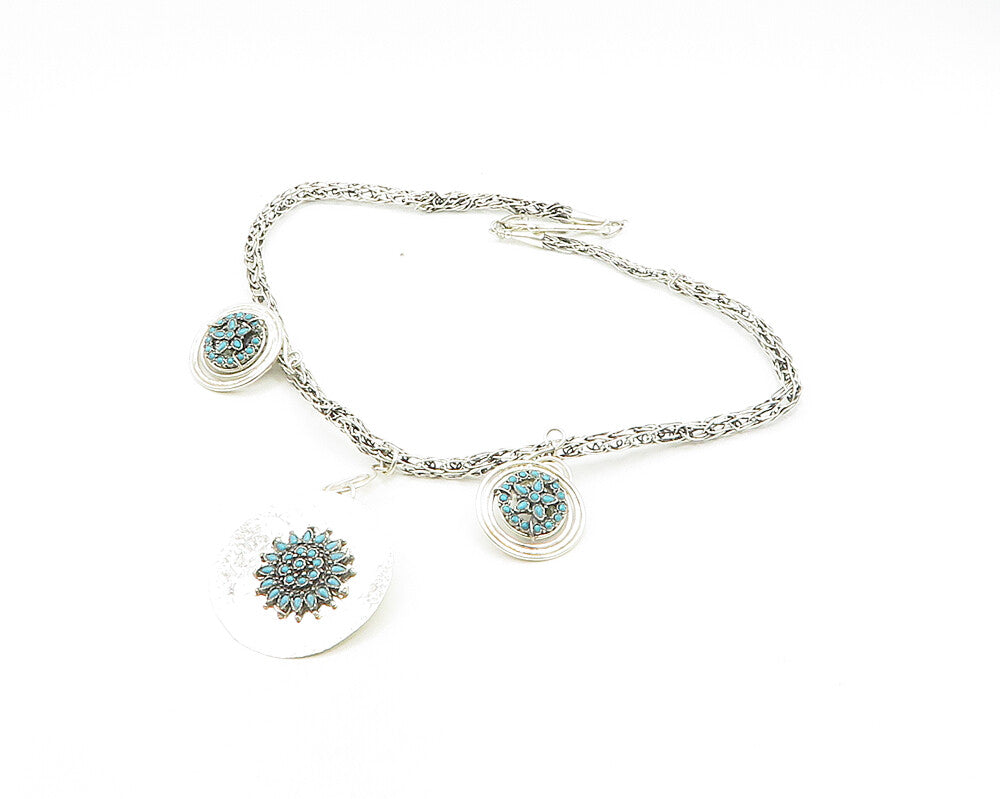 DESIGNER 925 Sterling Silver Vintage Turquoise Floral Chain Necklace NE3264