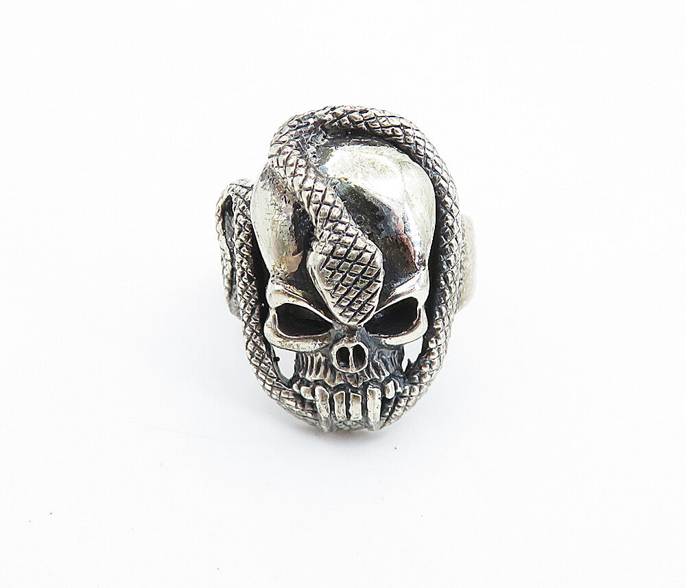 925 Sterling Silver  Vintage Snake & Skull Head Shiny Band Ring Sz 7  RG7488