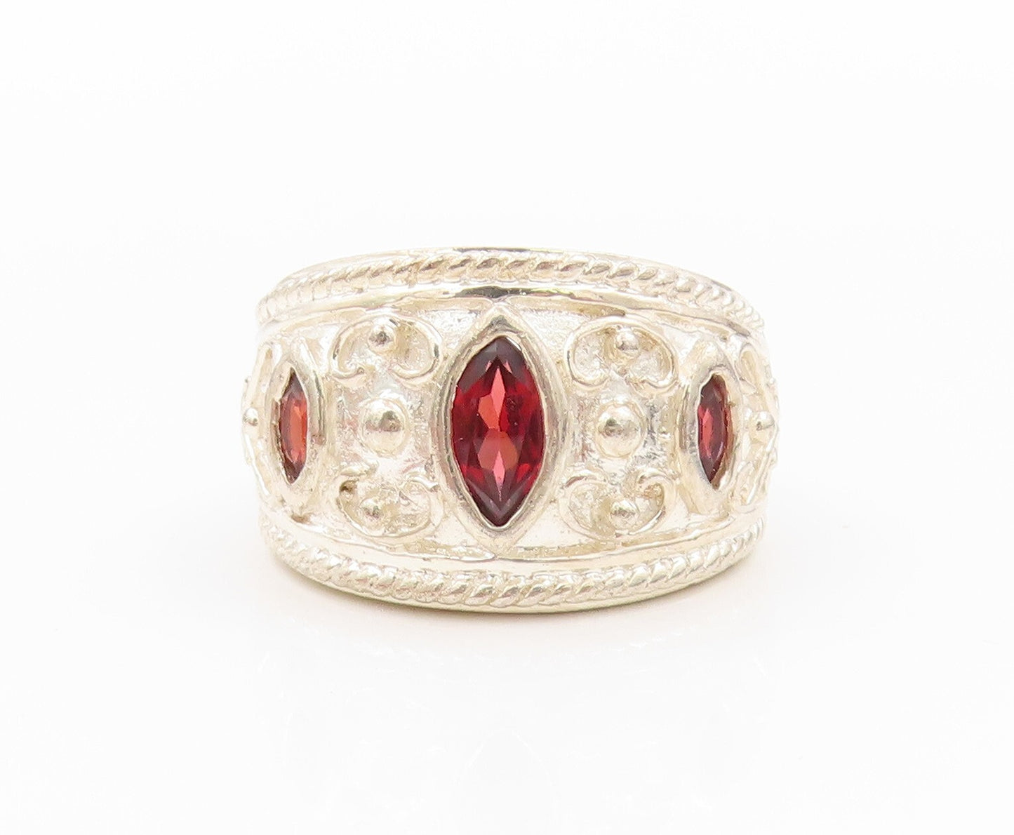 925 Sterling Silver Vintage Ring Swirly Carved Marquise Cut Garnet Sz 7  RG31834