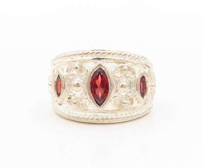 925 Sterling Silver Vintage Ring Swirly Carved Marquise Cut Garnet Sz 7  RG31834