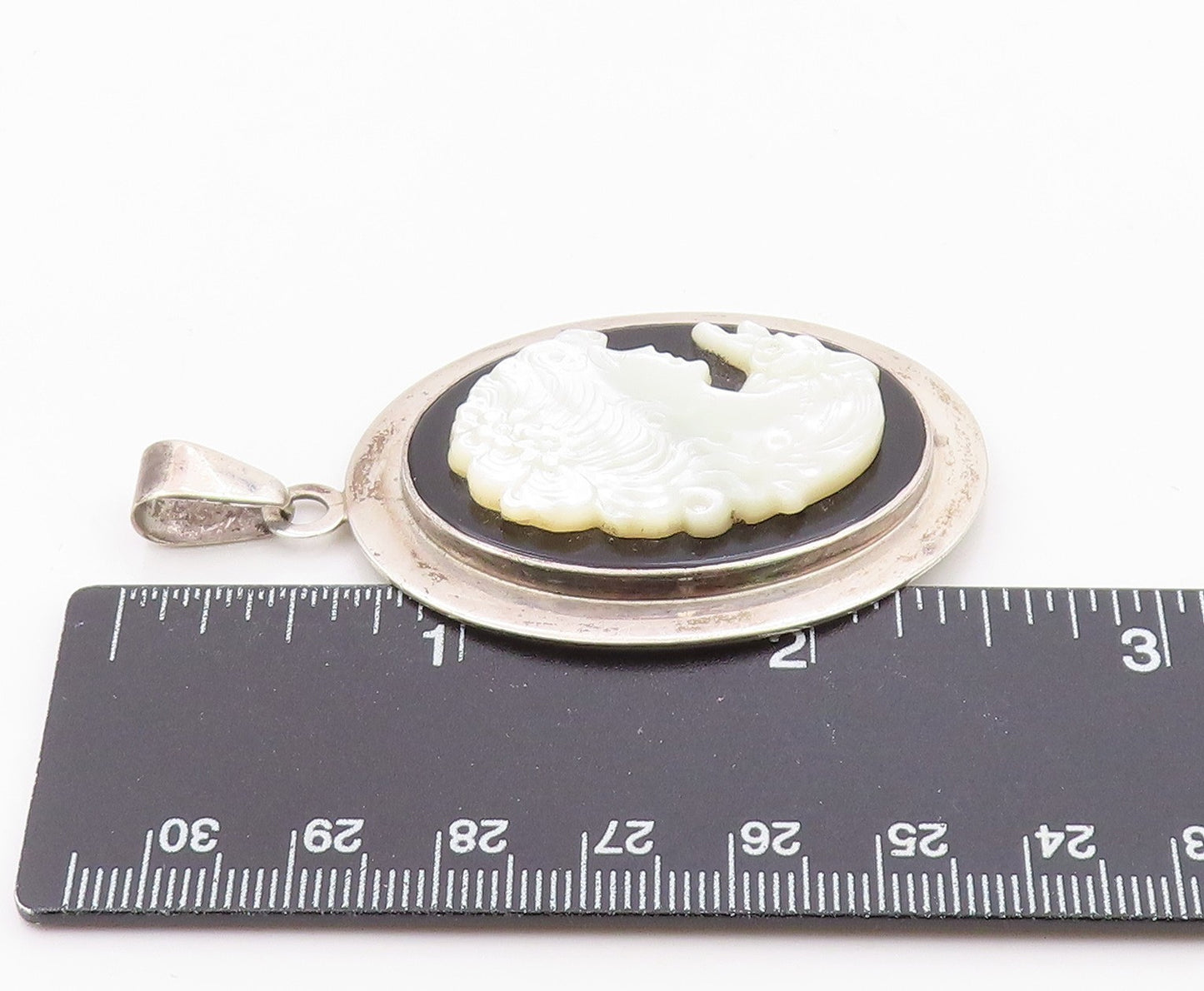 DESIGNER 925 Silver  Vintage Mother Of Pearl Woman & Onyx Pendant  PT21039