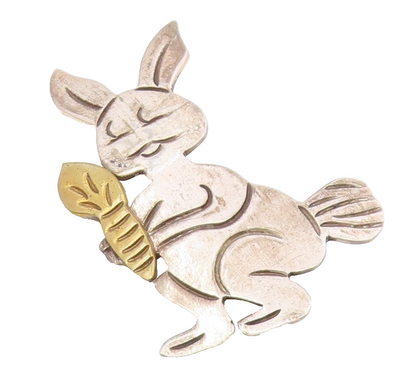 MEXICO 925 Sterling Silver  Vintage 2 Tone Rabbit & Carrot Brooch Pin  BP3977