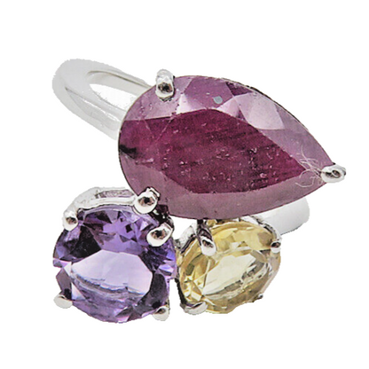 925 Sterling Silver Ruby Amethyst & Topaz Shiny Bypass Band Ring Sz 7 RG8933