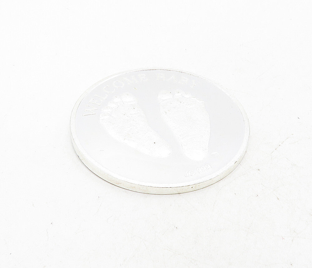 925 Sterling Silver  Vintage Shiny Welcome Baby Footprints Medallion  TR1496