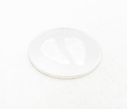 925 Sterling Silver  Vintage Shiny Welcome Baby Footprints Medallion  TR1496