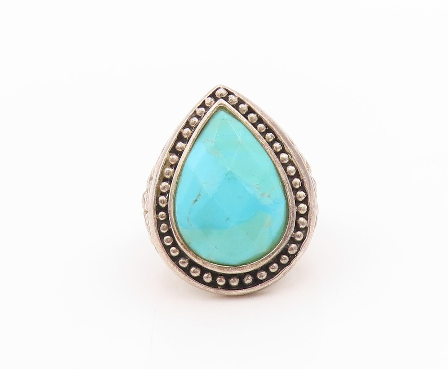 925 Sterling Silver Vintage Ring Drop Cut Turquoise Bead Border  Sz 6  RG33316