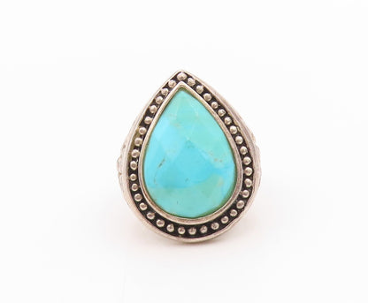 925 Sterling Silver Vintage Ring Drop Cut Turquoise Bead Border  Sz 6  RG33316