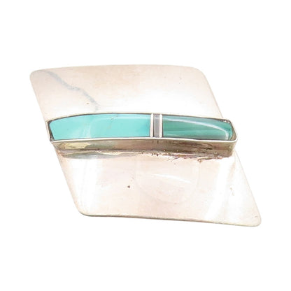 925 Sterling Silver Vintage Brooch NAVAJO Geometric Gemstone Inlay  BP11754