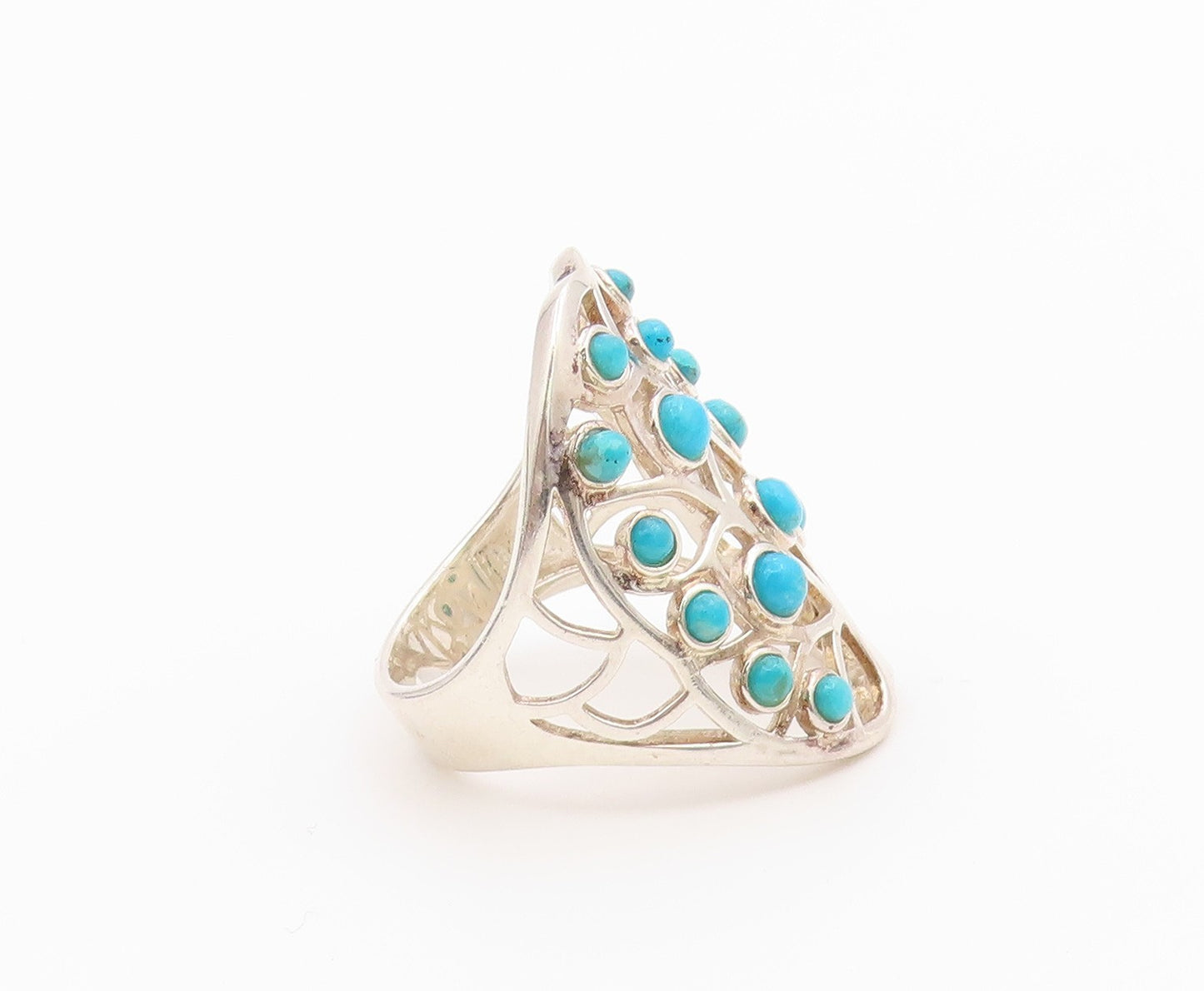 925 Sterling Silver Vintage Ring Round Turquoise Openwork Band  Sz 8.5  RG36449