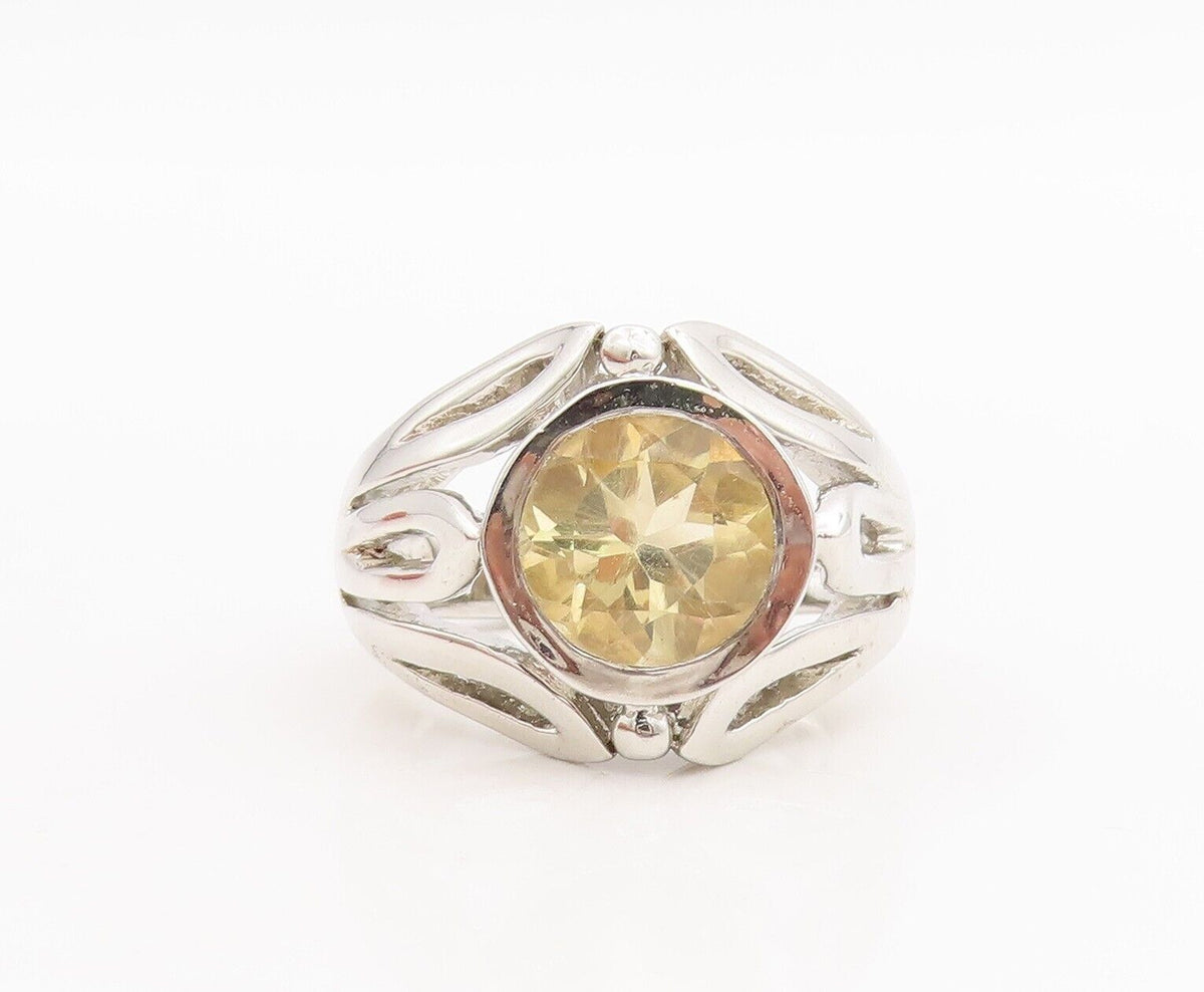 925 Sterling Silver Vintage Ring Leaf Border Cutout Neck Citrine  Sz 8  RG28658