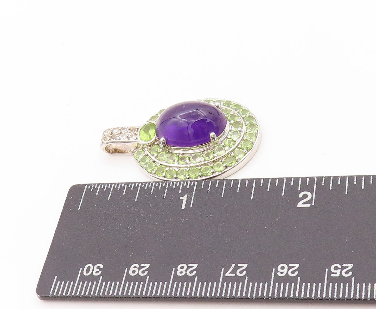 925 Sterling Silver Vintage Pendant Oval Amethyst Halo Peridot & Topaz  PT24100