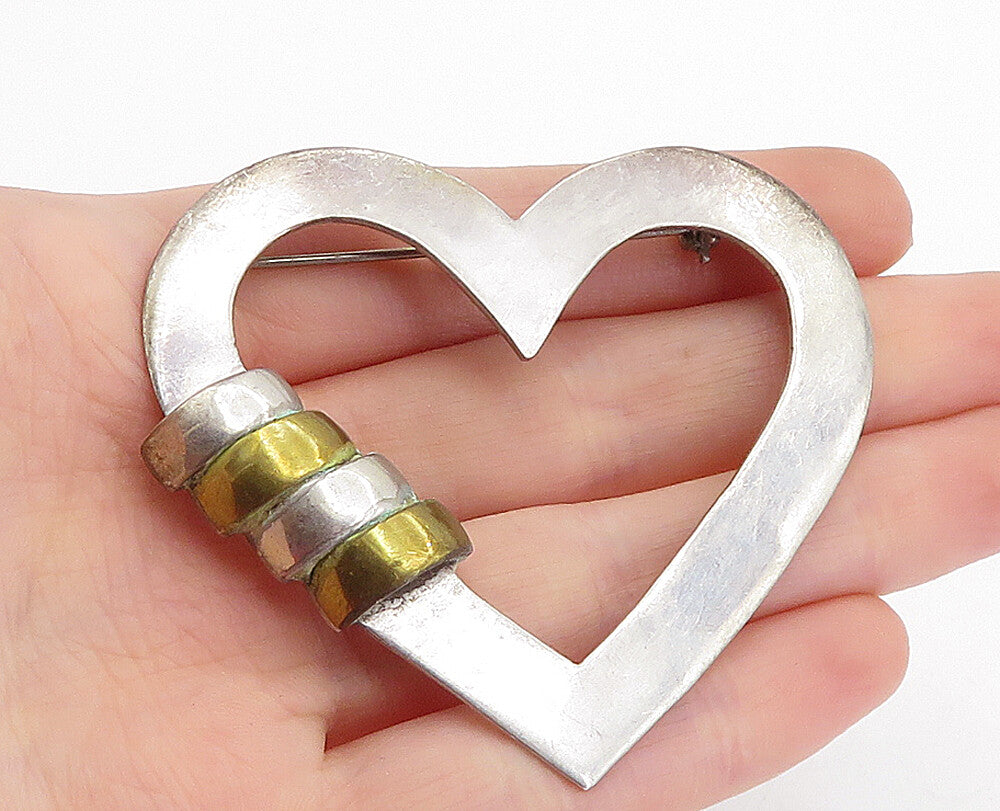 MEXICO 925 Sterling Silver  Vintage 2 Tone Open Love Heart Brooch Pin  BP1471