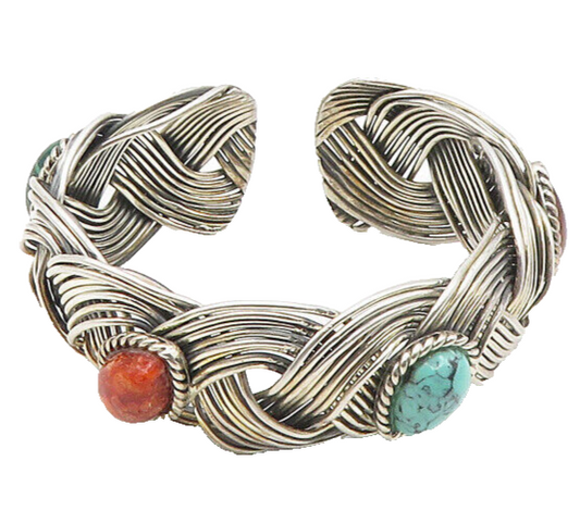 925 Silver  Vintage Turquoise Coral Malachite & Carnelian Cuff Bracelet BT7501