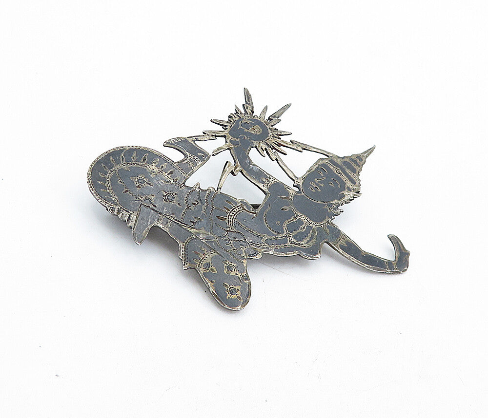 SIAM 925 Sterling Silver  Vintage Enamel Niello Dancer Brooch Pin  BP1574