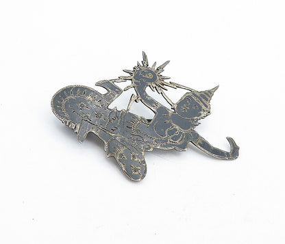 SIAM 925 Sterling Silver  Vintage Enamel Niello Dancer Brooch Pin  BP1574
