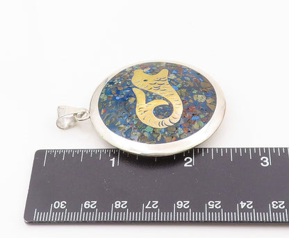 MEXICO 925 Silver  Vintage Crushed Jasper & Lapis Lazuli Sea Pendant  PT20265