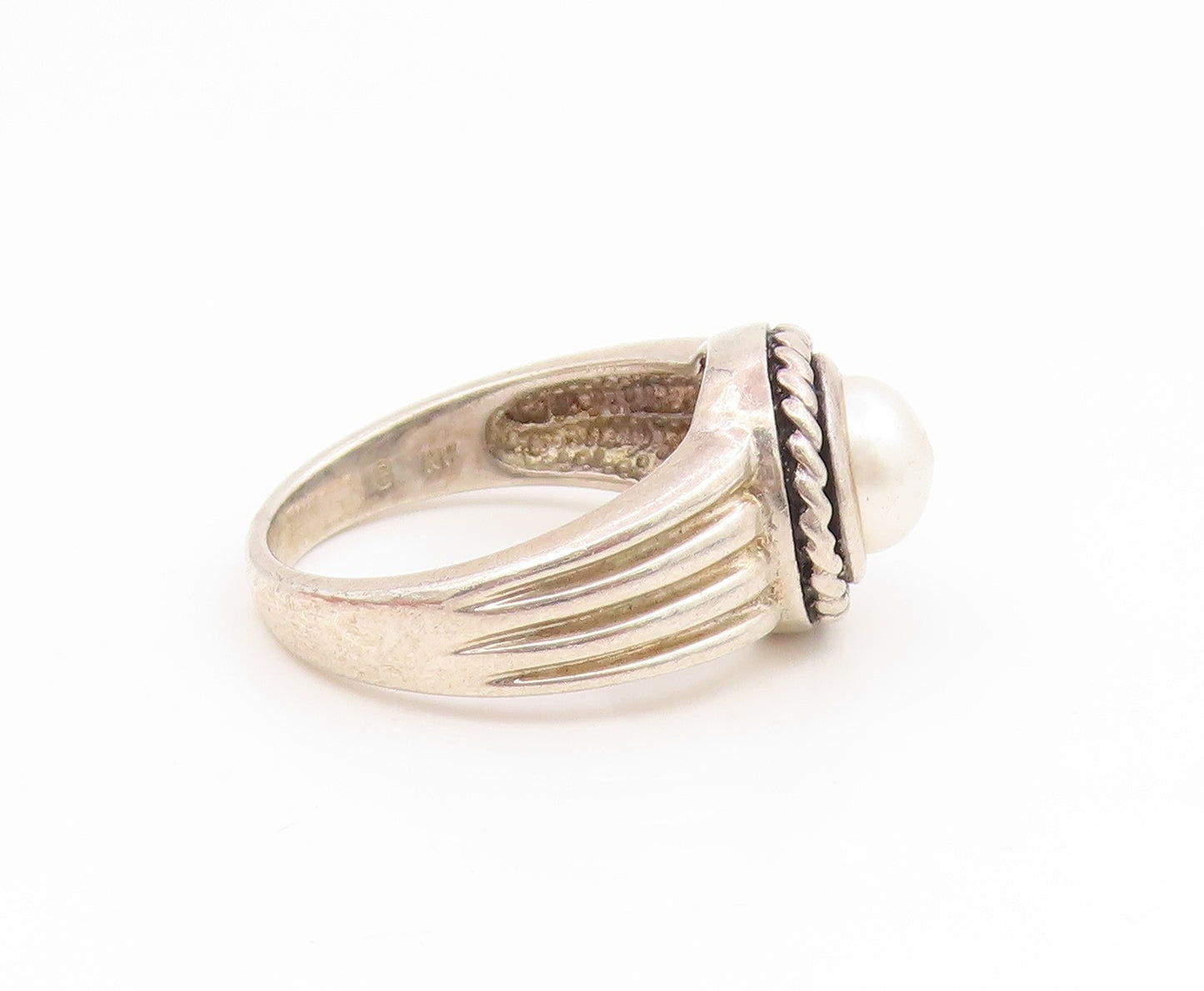 925 Sterling Silver Vintage Ring Pearl Ribbed Twisted Rope Band  Sz 8  RG35146
