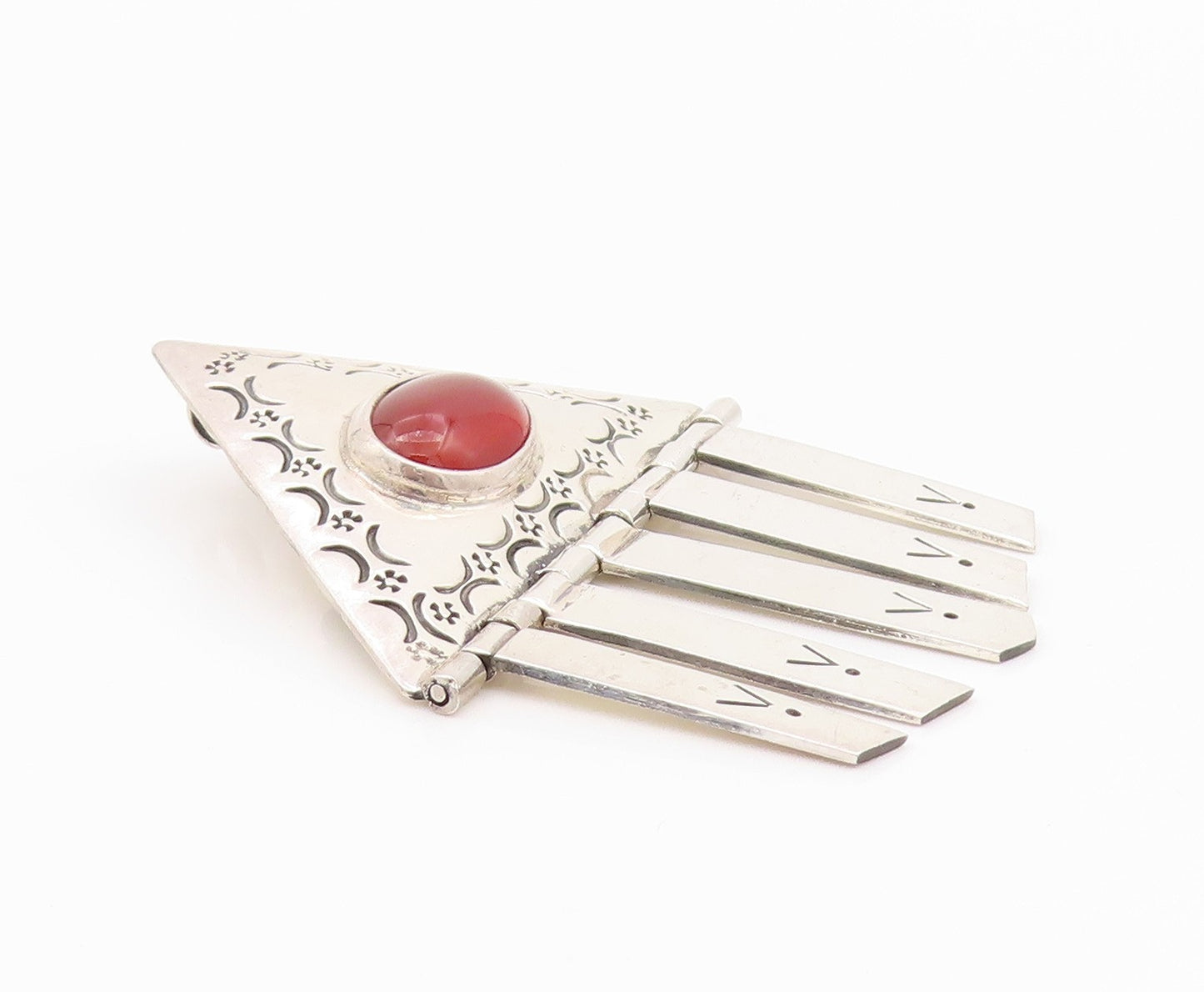 925 Sterling Silver Vintage Brooch Cabochon Carnelian Etched Triangle  BP11679