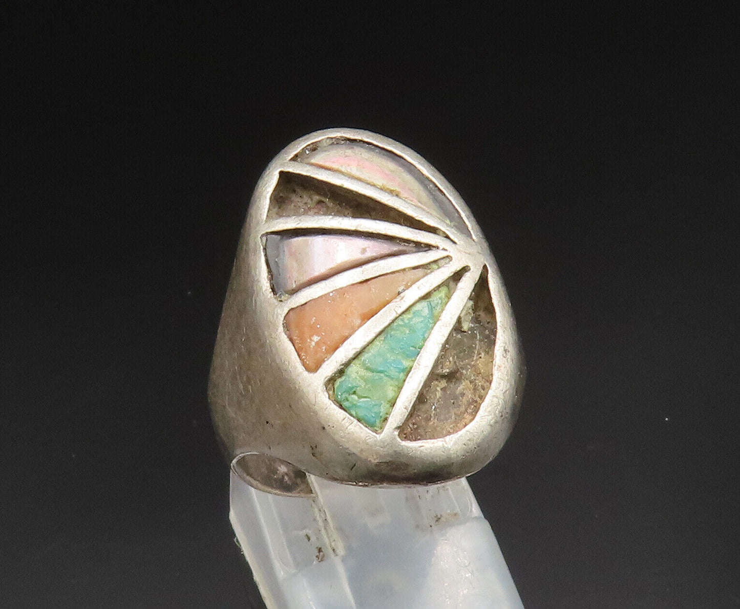 ZUNI NAVAJO 925 Silver  Vintage Turquoise Abalone Signet Ring Sz 10  RG24751