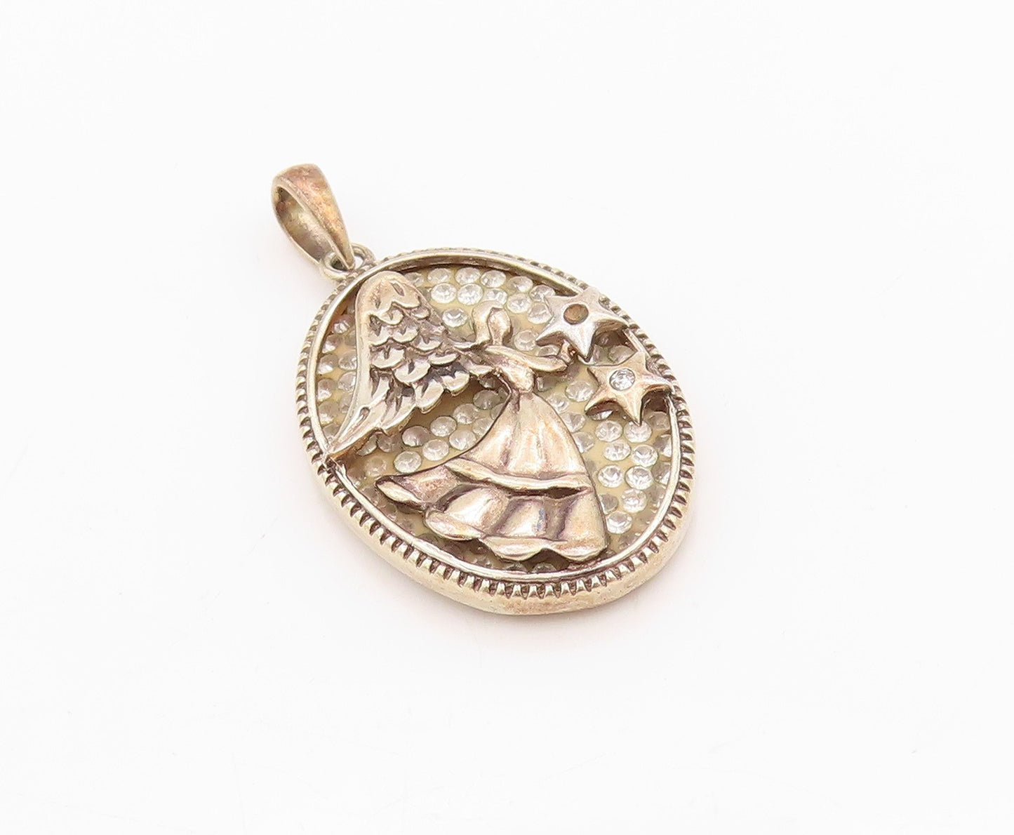 925 Sterling Silver Vintage Pendant CZ Inlay Flying Angel Carved  PT24416