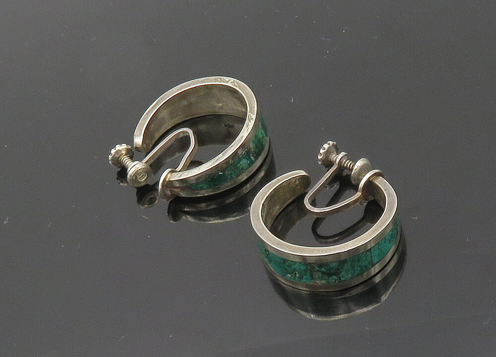 MEXICO 925 Silver  Vintage Inlaid Turquoise Non Pierce Hoop Earrings  EG10019