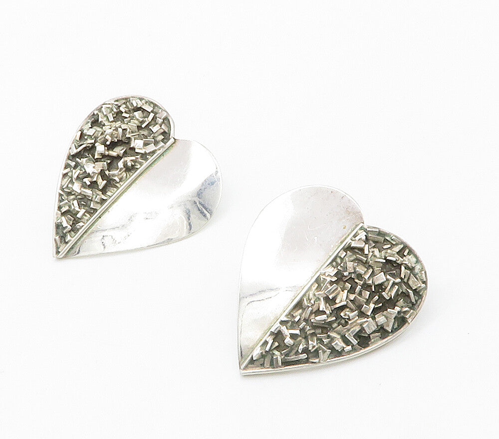 MEXICO 925 Sterling Silver  Vintage Textured Love Heart Drop Earrings  EG7782